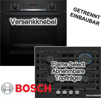 Produktbild von BOSCH Herdset LED Display Hydrolytische Reinigung + Gaskochfeld 60 cm Flame Select Zündsicherung schwarz rahmenlos