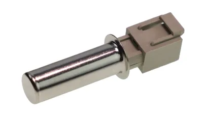 A close-up studio shot of a temperature sensor with a metallic probe and a gray plastic connector.
