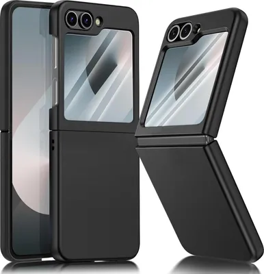 Two black flip phone cases are shown against a white background. One case is closed and the other is open.