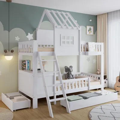 Produktbild von Etagenbett, Kinderbett, Zwei Schubladen mit Rollen, Schönes Dach und Fenster, Mit Lesetisch und Ablagekorb, Kiefer + MDF + Sperrholz, Weiß, 90 x 200cm