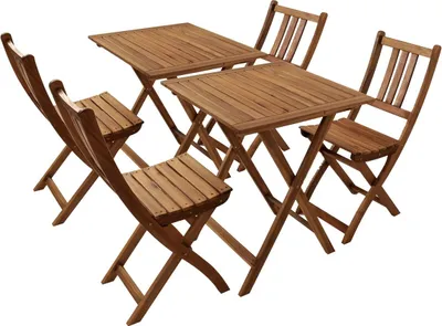 Produktbild von Gartengruppe Blossom 1, 6tlg. Akazienholz, 2X Tisch + 4X Klappstuhl, zusammenklappbar, Tisch- Sitzgruppe, Braun, 4250412647560