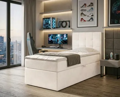 Produktbild von NORDELO Boxspringbett INCANTO 120x200 cm AMOR Velvet Creme Komplett-Set gepolstertes Einzelbett mit Stauraum, Matratze und 4 cm Visco-Topper, Bonellfederkernmatratze, T30-Schaum