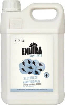 A white plastic bottle of Envira Repellents Silberfisch Abwehrspray.