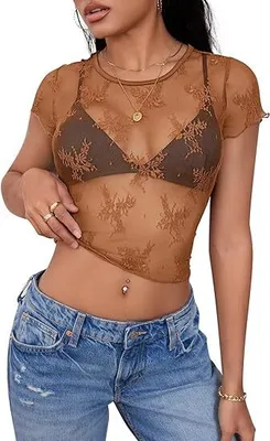 Produktbild von 2024 Damen Kurzes Mesh Oberteil mit Spitze, Transparent, Kurze Ärmel, Rundhals, Sommer y Y2K Bluse