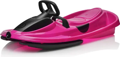 A pink and black plastic sled with a steering wheel, shown on a white background.