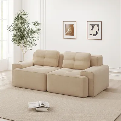 Image de Canapé modulaire Boneless, canapé moderne pour salon avec assise profonde, canapé confortable en velours côtelé Cloud, petit canapé deux places, canapé-lit, beige