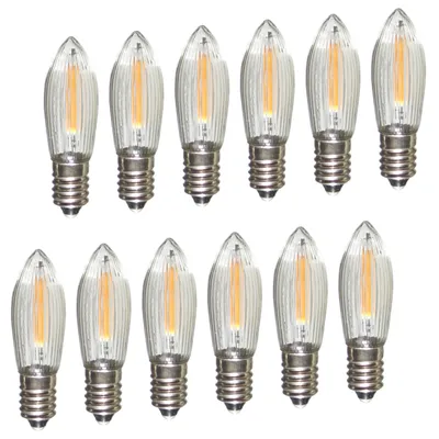 A collection of LED filament bulbs arranged in two rows against a white background.
