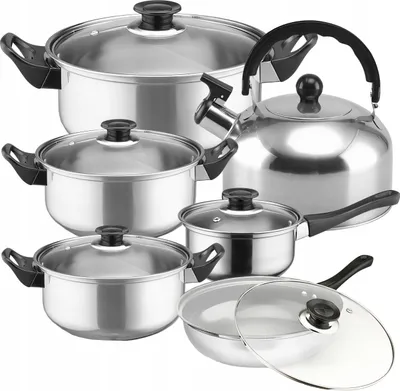 Produktbild von Kochtopfset - 11-Teilig - Edelstahl - Induktionsgeeignet - Wasserkocher - Spülmaschinengeeignet - Pfanne - Kochtopf - mit Deckeln