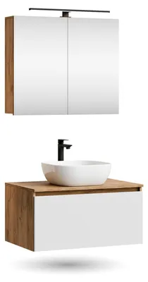 Produktbild von ARISA Badmöbel Set in Weiß - Mit Spiegelschrank "ARIA" und weißem Keramik-Aufsatzwaschbecken 42 cm
