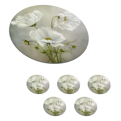 Obrázok produktu pre KitchenYeah® Podložky pod sklo Okrúhla sada 6 kvetov - Zátišie - Mak - Biele - Botanické 10x10 cm Podložky pod poháre - Podložky pod nápoje - Chrániče na stôl - Podložky pod poháre