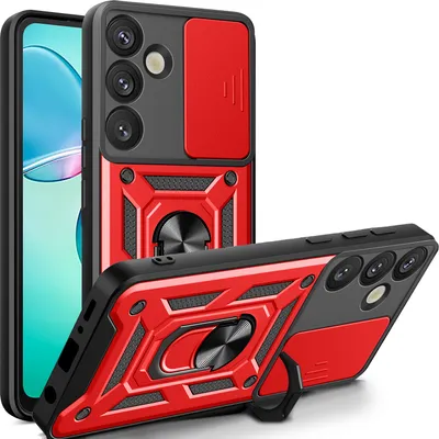 Two red and black phone cases are displayed against a white background. One case is standing upright, showing the back with camera protection and a ring holder. The other case is lying down, also showing the back with the ring holder extended.