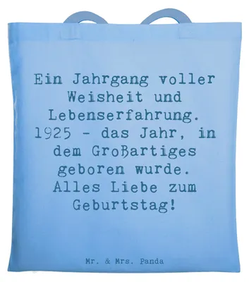 Produktbild von Mr. & Mrs. Panda Tote Bag Spruch 1925 Geburtstag - Sky Blue - Geschenk, Tasche, Vintage, Geburtstagsgeschenk, Geburtsjahr, dokumententasche, Alles gut zum, Jutebeutel