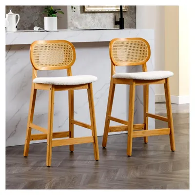 Produktbild von Barhocker 2er Set aus Holz mit Teddystoff gepolstert und Rattan-Rücklehne für Küche/Esszimmer