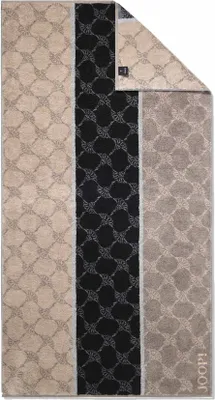 A folded towel with a striped pattern and a repeating logo.