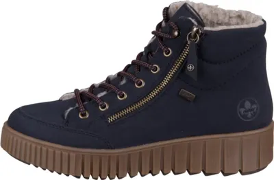 A side view of a navy blue Rieker women's lace-up boot with a brown sole and faux fur lining.