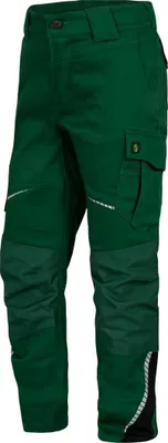 A pair of green work pants with black accents.