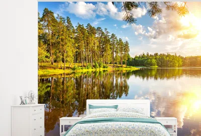 Produktbild von MuchoWow® Fototapete für Wohnzimmer oder Schlafzimmer Wandtapete Vinyl Motivtapete Wasser - Bäume - Natur - 275x220 cm - Gemustert