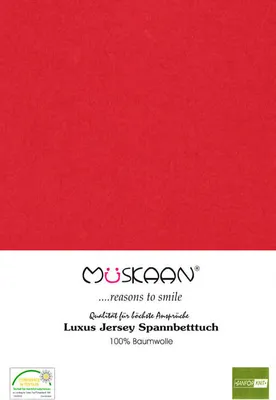 A red fabric swatch with brand and product information below.