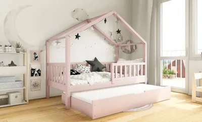 Produktbild von DOMI BIS2 Hausbett Kinderbett Holzbett 70x140 Rosa, Schubkasten mit Schlaffunktion, 2 Lattenroste, Rausfallschutz