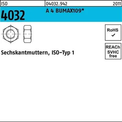Produktbild von Sechskantmutter ISO 4032 M12 A 4 BUMAX109 50 Stück BUFAB