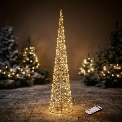 Produktbild von LED Weihnachtspyramide gold für Außen und Innen mit Timer und Fernbedienung - 210 cm - Metall Leuchtkegel 2400 LEDs warm weiß dimmbar mit Stecker für