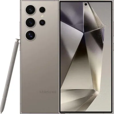 A Samsung Galaxy S24 Ultra phone with its stylus is shown against a white background. The phone is displayed from the back and the front, with the screen showing a geometric abstract wallpaper.