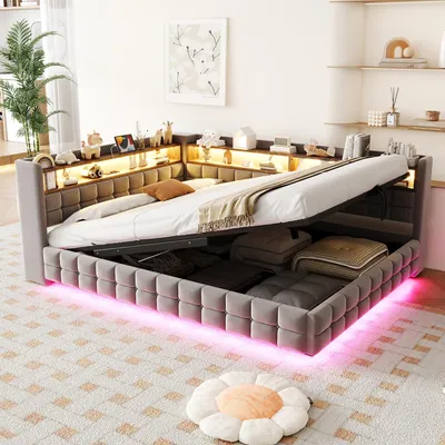 Produktbild von Merax Polsterbett Schlafsofa 140x200cm mit LED-Beleuchtung, Tagesbett mit Hydraulischer Stauraum und Holzregal, USB-Ladeanschlüsse, Samtstoff, Hellgrau