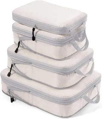 Produktbild von 4-teiliges Kompressions-Packwürfel-Set – Kompressions-Packwürfel – Wasserdichter Koffer-Organizer mit Reißverschluss (XL, L, 2 x M) – Platzsparend für Handgepäck