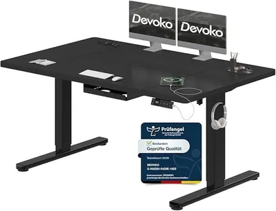 Image de Bureau réglable en hauteur 140x80 cm avec port de charge Type-C, bureau électrique réglable en hauteur, bureau informatique mobile électrique avec système de gestion des câbles, couleur noire