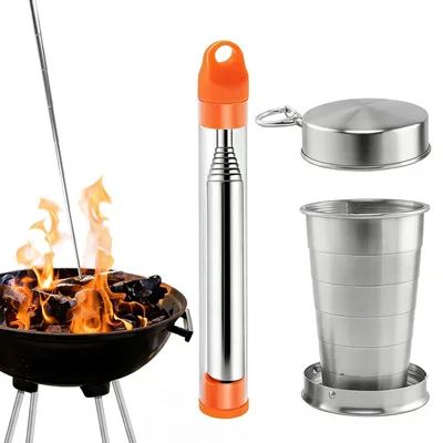 Zdjęcie produktu dla Zestaw do przetrwania 2 w 1, idealny na camping, o regulowanej długości od 9,5 do 49,5 cm, wykonany ze stali nierdzewnej, składany