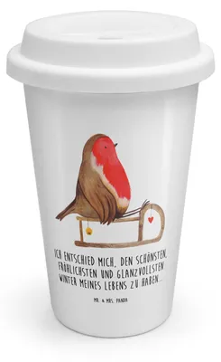 Produktbild von Mr. & Mrs. Panda Kaffeebecher To Go Rotkehlchen Schlitten - Weiß - Geschenk, Weihnachten, Thermobecher, Vogel, Isolierbecher, ToGo