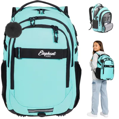 Produktbild von Schulrucksack Mädchen Rucksack Elephant Hero Signature Laptop Fach Schule Schultasche Schulmappe 3 Fächer Brustgurt Polster 13805 Solid Türkis Schwarz