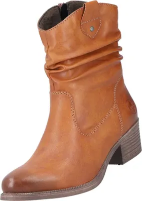 A single brown leather boot is shown against a white background.