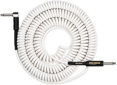 Imagen del producto de Cable para instrumentos de guitarra, 10 metros – Cable enrollable de 6,3 mm para guitarra y bajo – Blanco con conector angular