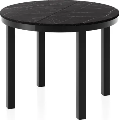 Produktbild von Runder Ausziehbarer Esstisch mit Schwarzem Metallgestell – Tisch mit Schwarzen Metallbeinen im Loft-Stil – Platzsparender Tisch für Wohnzimmer, Esszimmer oder Küche – Schwarzer Marmor – 100 bis 180 cm