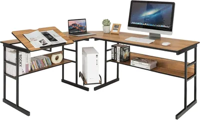 Produktbild von L-förmiger Schreibtisch, Eckschreibtisch aus Holz mit neigbarer Tischplatte, 2 Ablagen & CPU-Ständer, Computertisch für Zuhause & Büro, 170 x 150 x 75 cm (Walnuss)