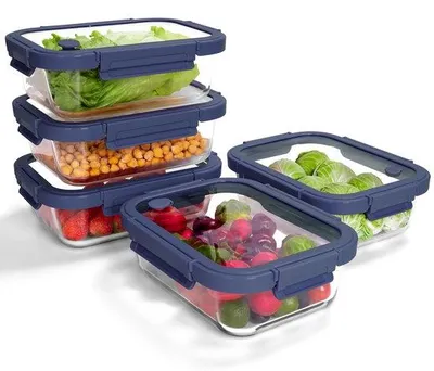 Obrázok produktu pre Sada Unyqoos® pozostávajúca z 5 nádob z borosilikátového skla, s modrými, vzduchotesnými viečkami, vhodná do rúry, mikrovlnnej rúry a mrazničky (-20°C až 510°C), stohovateľná, vhodná do umývačky riadu