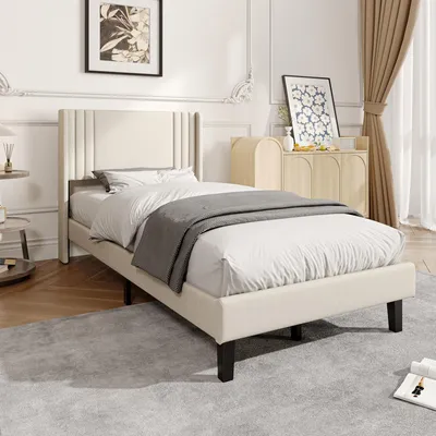 Zdjęcie produktu dla Łóżko tapicerowane UnboxG 90x200 cm, beżowe, z tkaniny lnianej, łóżko pojedyncze z tapicerowanym wezgłowiem, nowoczesne łóżko do sypialni