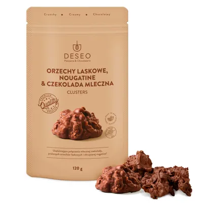 Zdjęcie produktu dla Clusters Orzechy Laskowe, Nougatine & Czekolada Mleczna DESEO