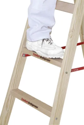 Produktbild von Euroline Holz Sprossenstehleiter mit Comfort-Breitsprossen, Eimerhaken und Werkzeugablagetasche 2x3 Sprossen