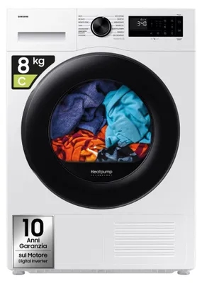Produktbild von Samsung Asciugatrice Crystal EcoDry 8 kg Cl. C, Freistehend, Frontlader, Wärmepumpe, Weiß, Drehregler, Berührung, Rechts
