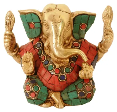 Ganesha-Statue aus Messing, 13 cm, mit Steinverzierung, indisches Geschenk