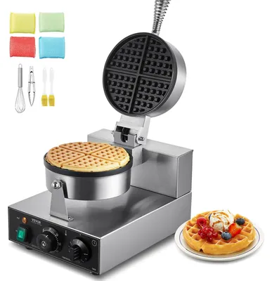 Image de VEVOR gaufrier commercial 1230 W gaufrier avec surfaces de cuisson antiadhésives gaufrier en acier inoxydable avec réglage de la température et du temps, pour restaurant boulangerie 4 gaufres en forme d'éventail