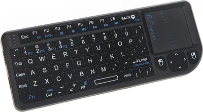 A black handheld wireless keyboard with a touchpad is shown on a white background.