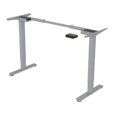 A silver electric standing desk frame with two legs and a control panel.