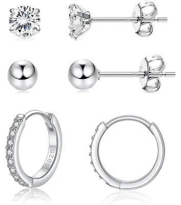 Immagine prodotto di Set di orecchini a cerchio e a bottone, 3 paia, in argento sterling 925, da donna, con zirconi bianchi, placcati in oro, ipoallergenici, disponibili nelle misure 5 mm e 14 mm