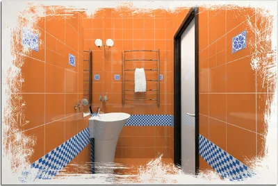Produktbild von Kunstdrucke Wandbilder Holz in : Brillante Farben, Größe 60 x 90 cm Motiv Modernes Badezimmer in orange mit blauen Fliesen
