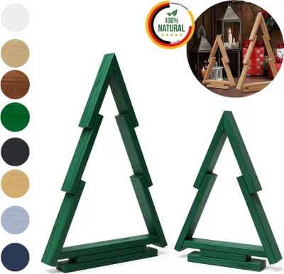 Two green wooden Christmas trees are displayed against a white background, with a smaller inset image showing natural wood trees and Christmas decorations.