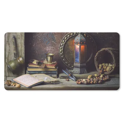 Produktbild von MuchoWow® Mauspad Mousepad Buch - Stilleben - Walnuss - Laterne - Vintage 60x30 cm - Mousepads - Maus Mat - Pad - Mausunterlage - Nachhaltig