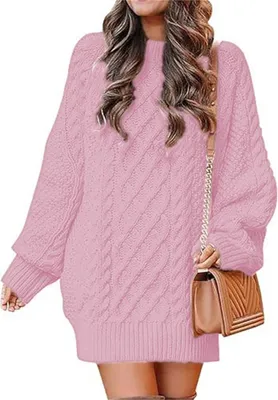 Produktbild von ASKSA Damen Pulloverkleid Rundhalsausschnitt Langarm Zopfmuster Rollkragen Chunky Pullover Kurze Pulloverkleider, Rosa, XL